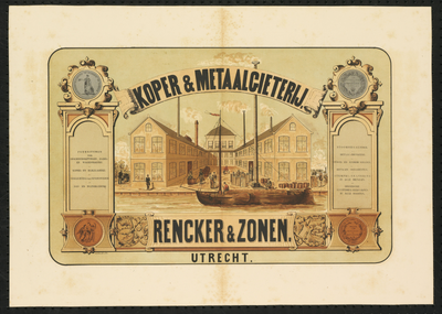 750025 Afbeelding van een reclameplaat van de Koper & Metaalgieterij Rencker & Zonen (Lauwerecht 64) te Utrecht.